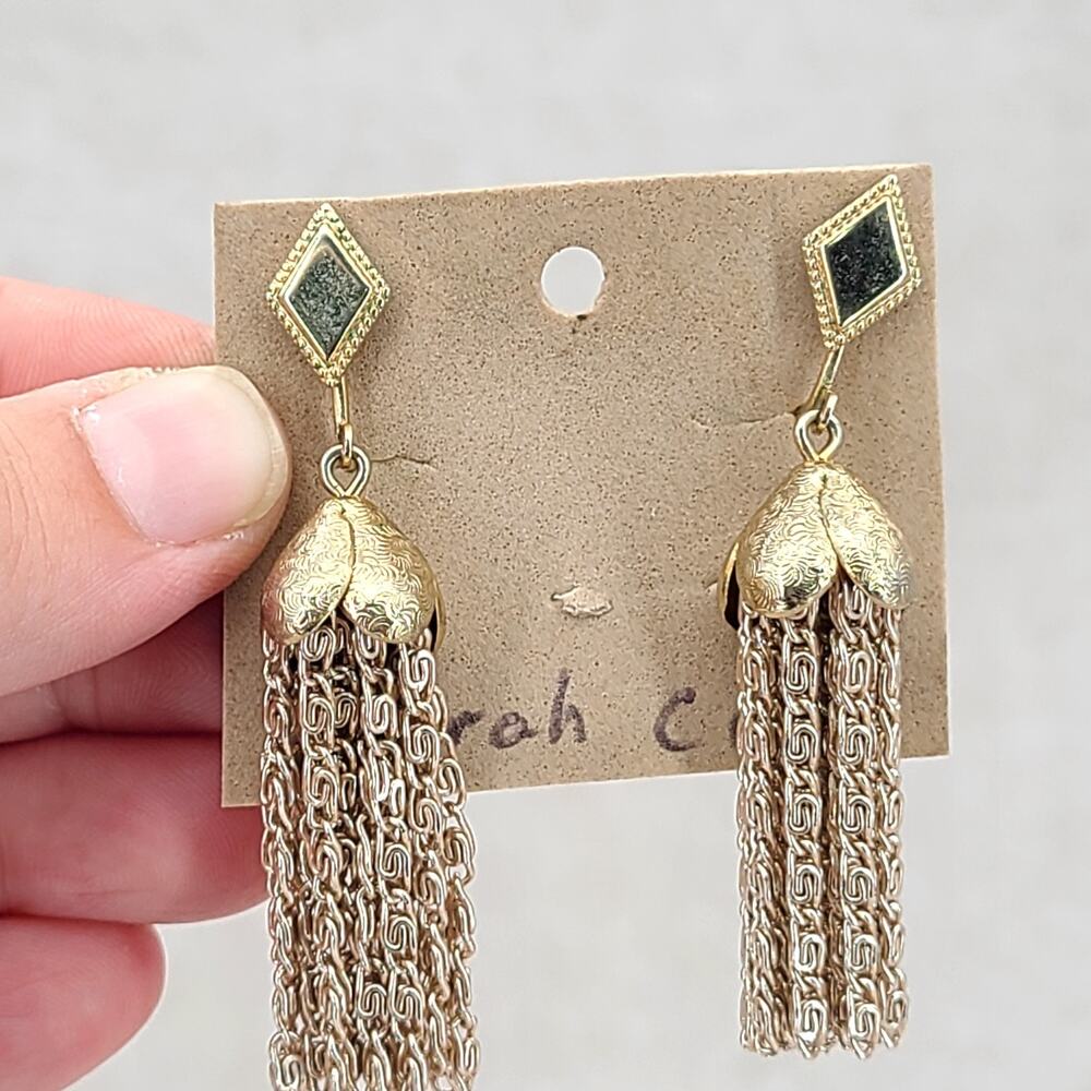 Sarah Cov Vintage Clip On Earrings Gold Tone Dangle Multi-Chain Tassel Retro